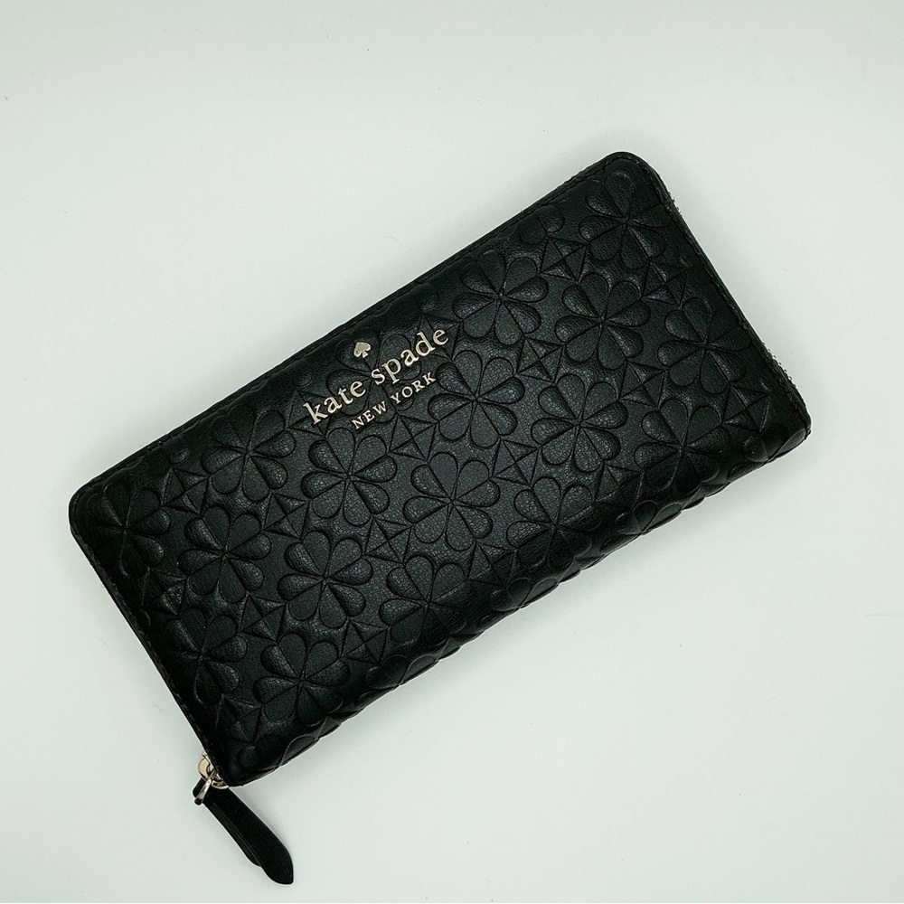 Kate Spade Black Hollie Spade Clover Geo Embossed Large Continental Wallet